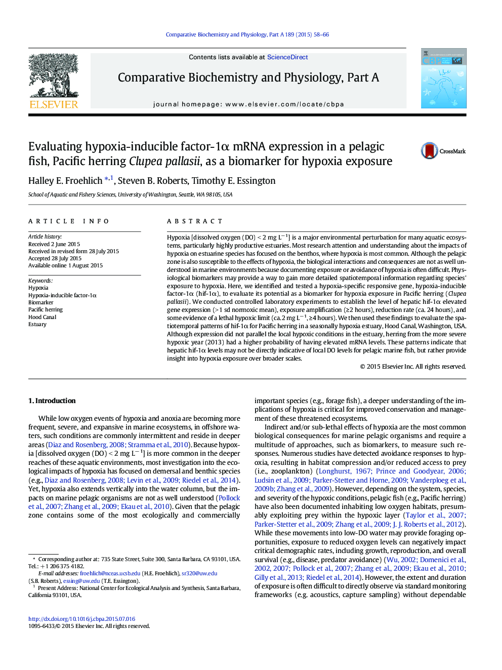 Evaluating hypoxia-inducible factor-1α mRNA expression in a pelagic fish, Pacific herring Clupea pallasii, as a biomarker for hypoxia exposure