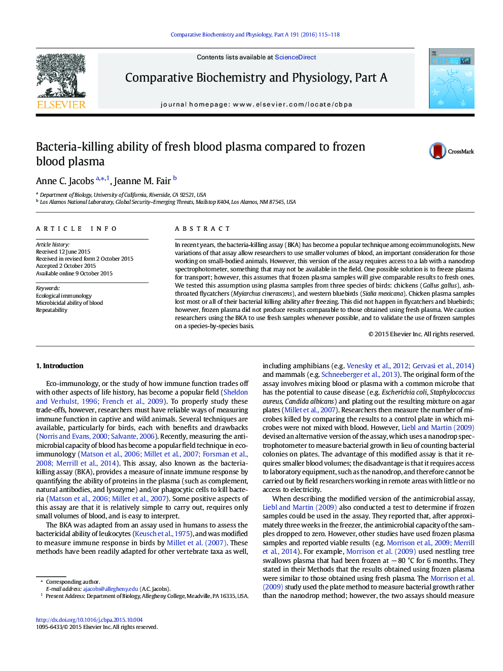 Bacteria-killing ability of fresh blood plasma compared to frozen blood plasma