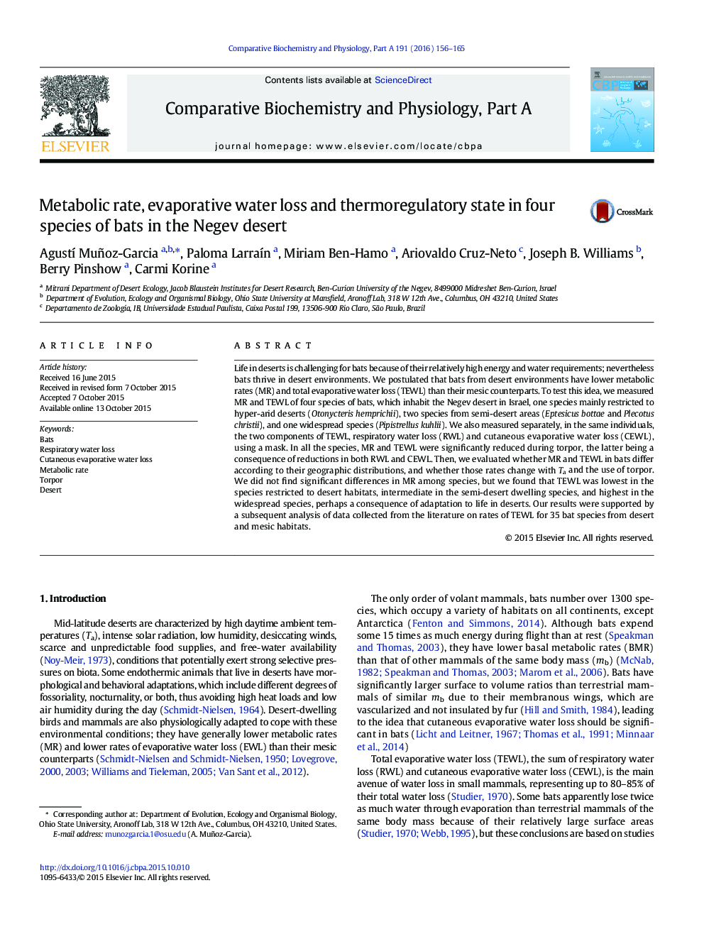 Metabolic rate, evaporative water loss and thermoregulatory state in four species of bats in the Negev desert