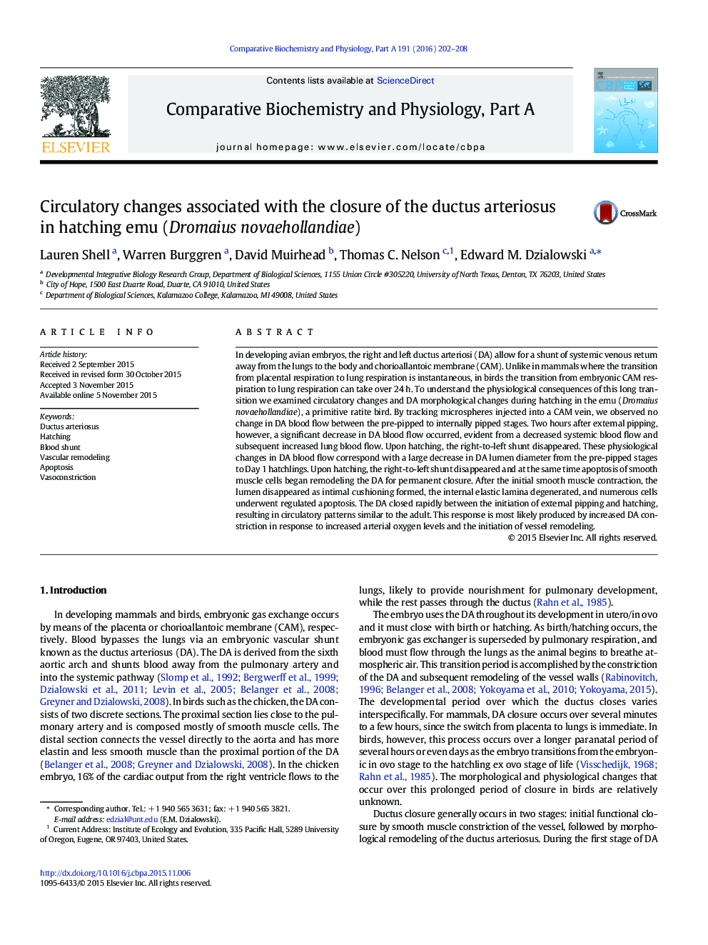 Circulatory changes associated with the closure of the ductus arteriosus in hatching emu (Dromaius novaehollandiae)