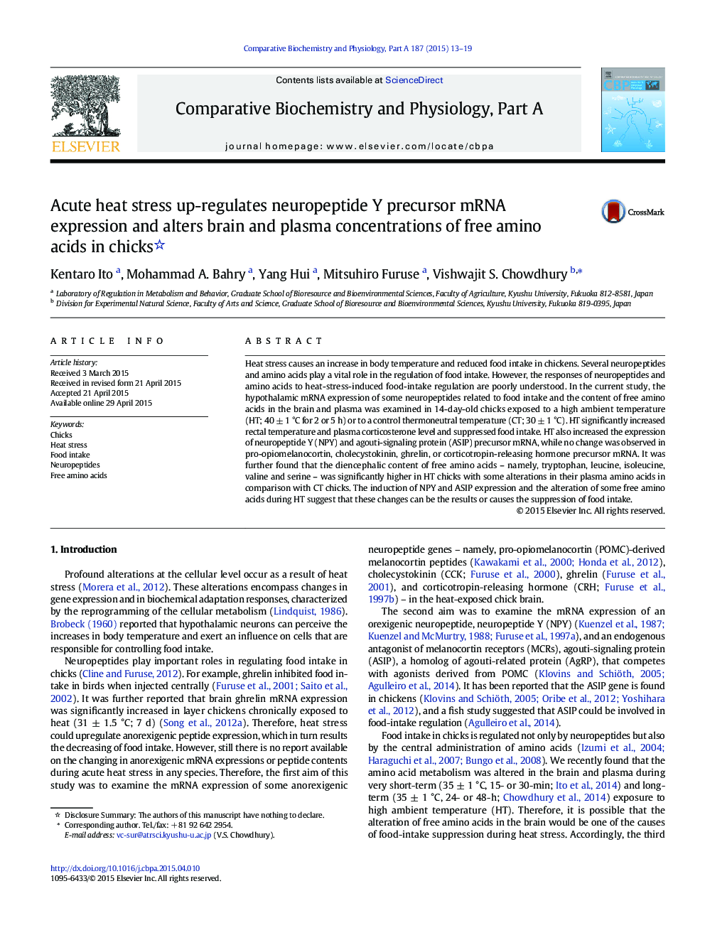 Acute heat stress up-regulates neuropeptide Y precursor mRNA expression and alters brain and plasma concentrations of free amino acids in chicks 