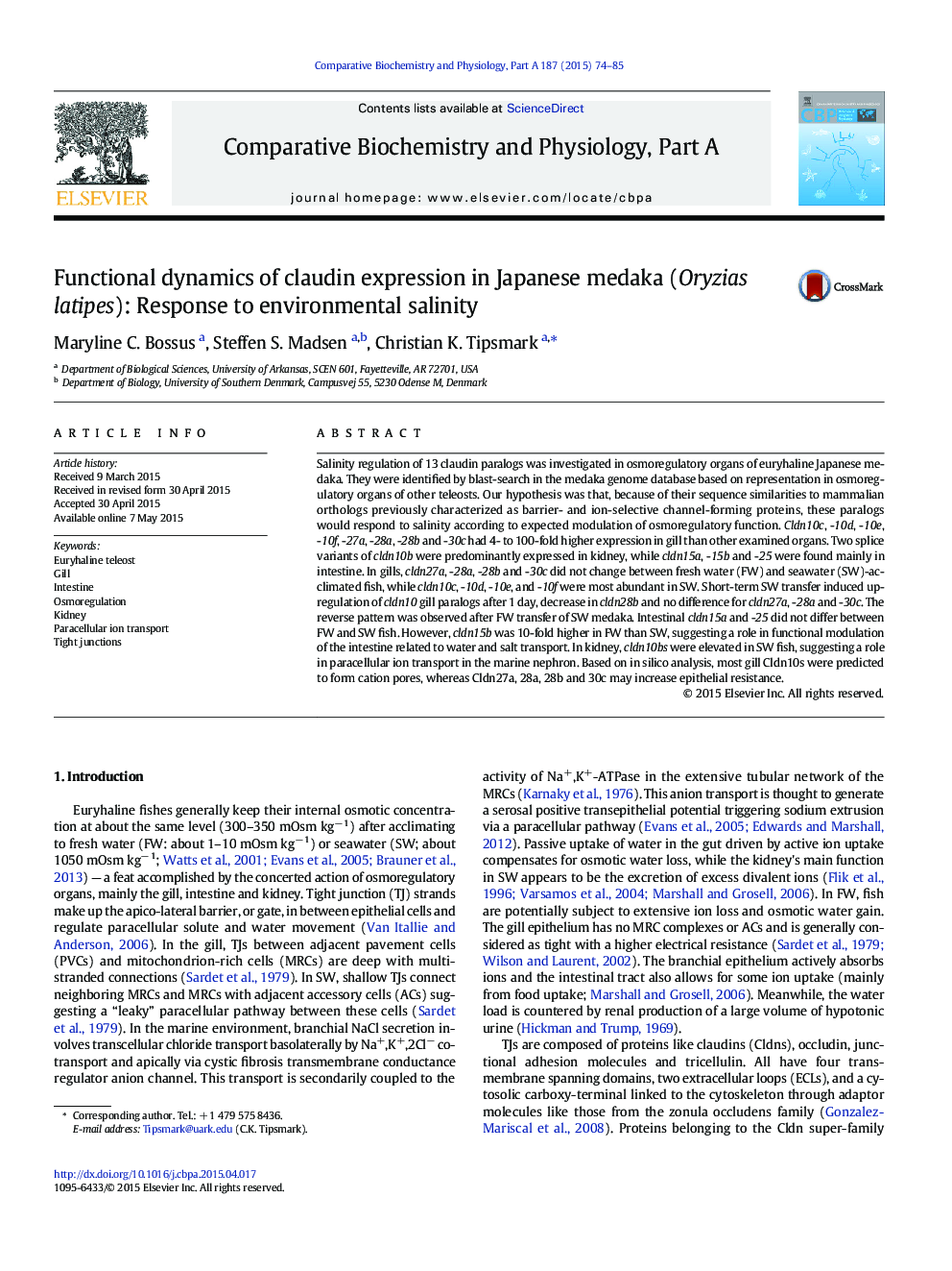 Functional dynamics of claudin expression in Japanese medaka (Oryzias latipes): Response to environmental salinity