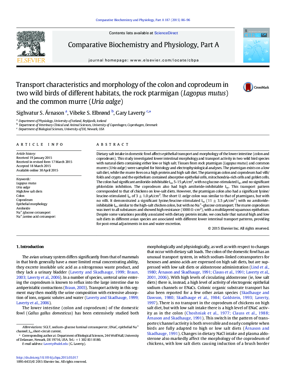 Transport characteristics and morphology of the colon and coprodeum in two wild birds of different habitats, the rock ptarmigan (Lagopus mutus) and the common murre (Uria aalge)