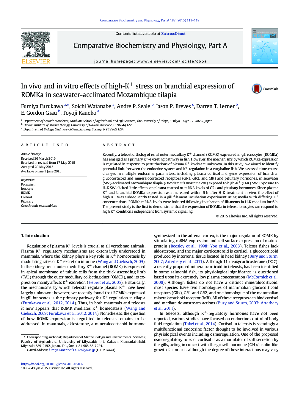 In vivo and in vitro effects of high-K+ stress on branchial expression of ROMKa in seawater-acclimated Mozambique tilapia