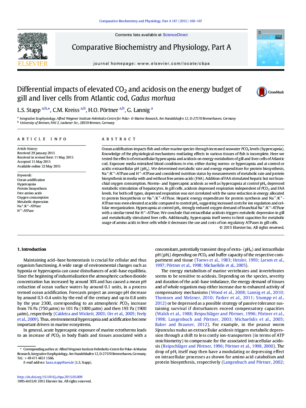 Differential impacts of elevated CO2 and acidosis on the energy budget of gill and liver cells from Atlantic cod, Gadus morhua