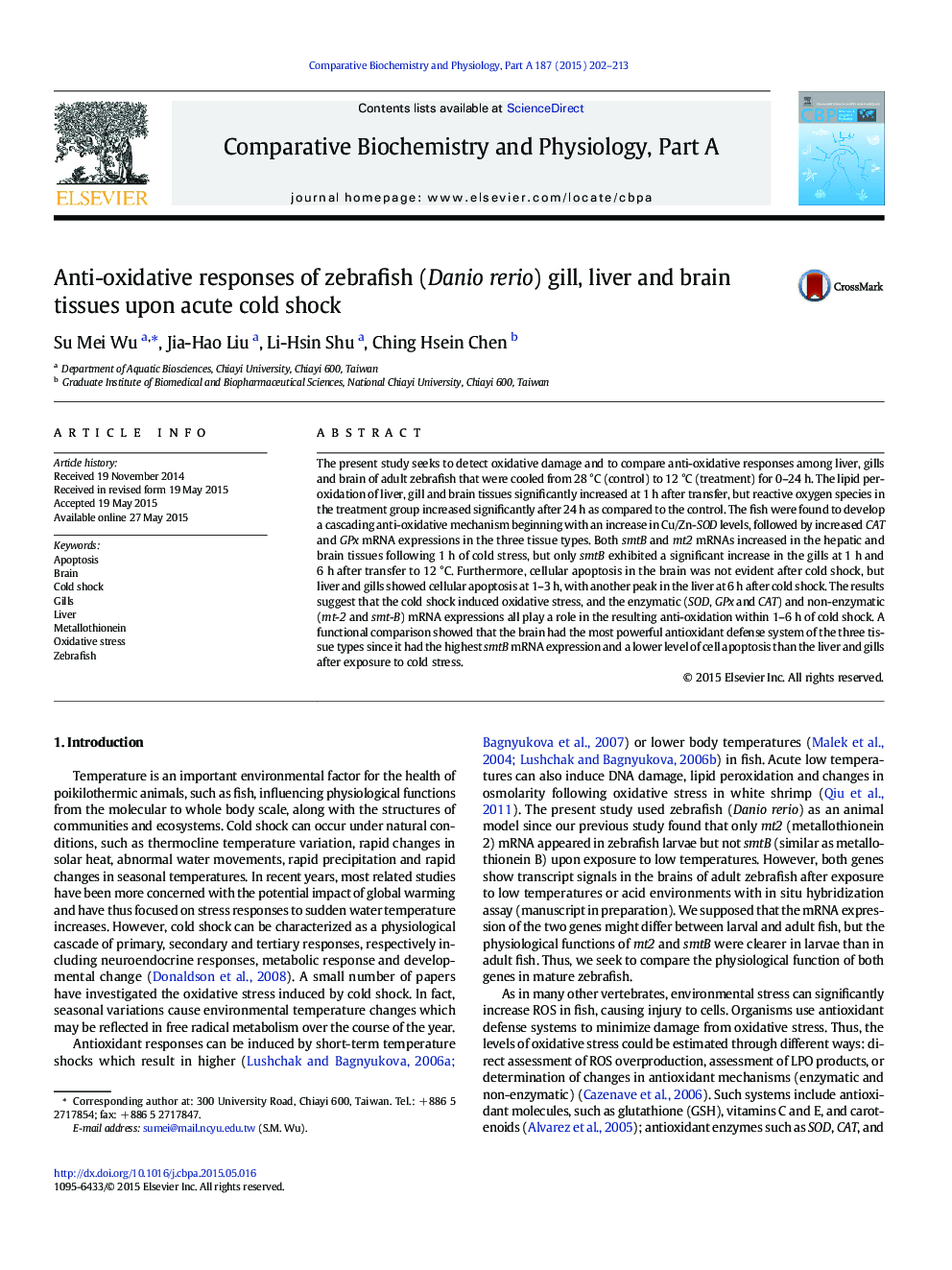 Anti-oxidative responses of zebrafish (Danio rerio) gill, liver and brain tissues upon acute cold shock