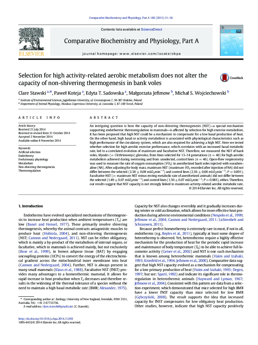 Selection for high activity-related aerobic metabolism does not alter the capacity of non-shivering thermogenesis in bank voles