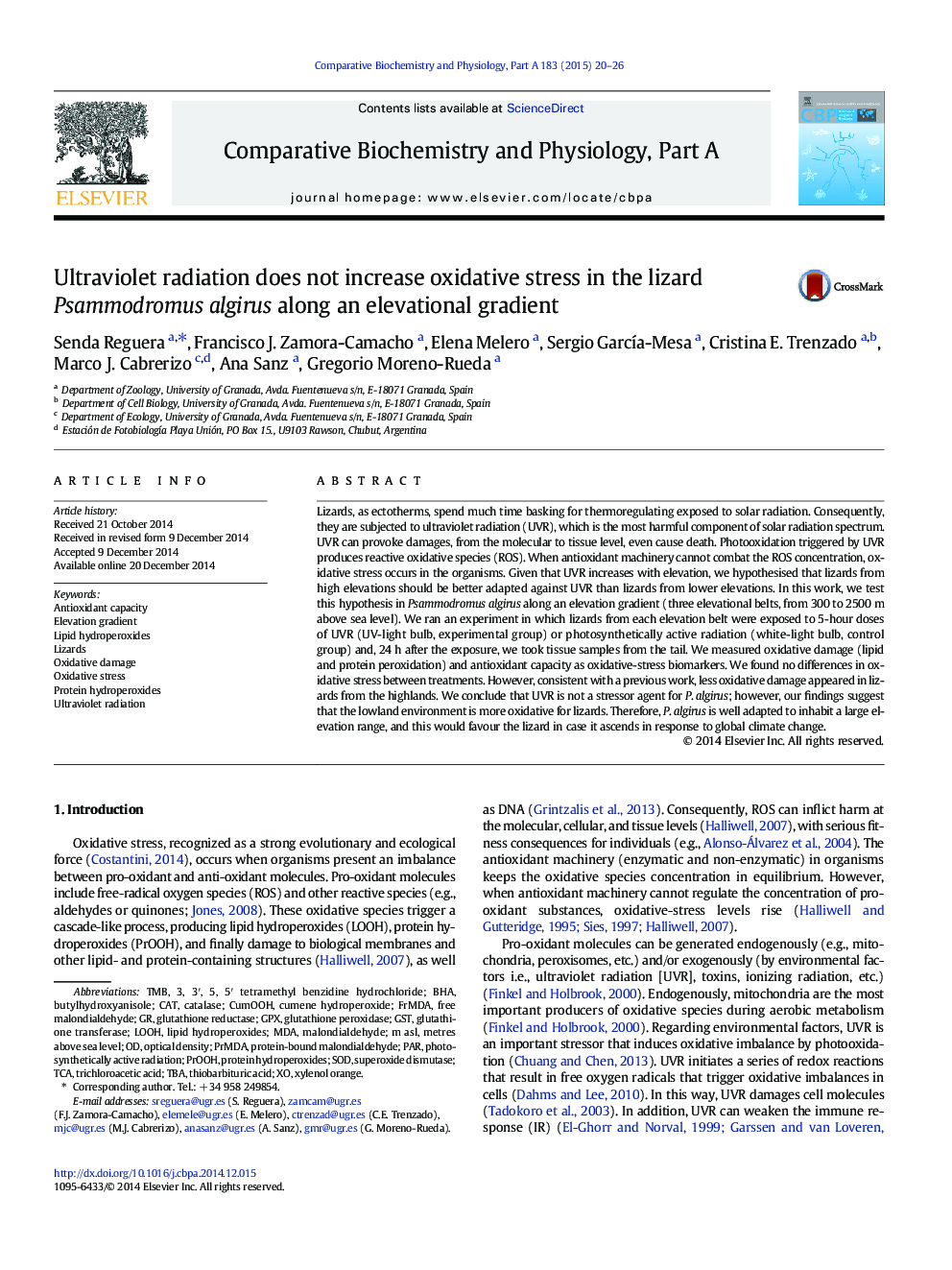 Ultraviolet radiation does not increase oxidative stress in the lizard Psammodromus algirus along an elevational gradient