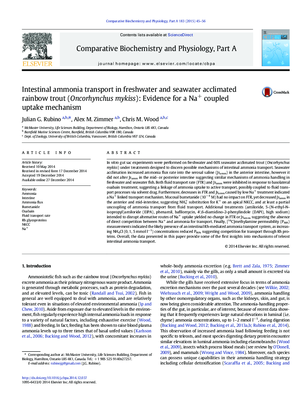 Intestinal ammonia transport in freshwater and seawater acclimated rainbow trout (Oncorhynchus mykiss): Evidence for a Na+ coupled uptake mechanism