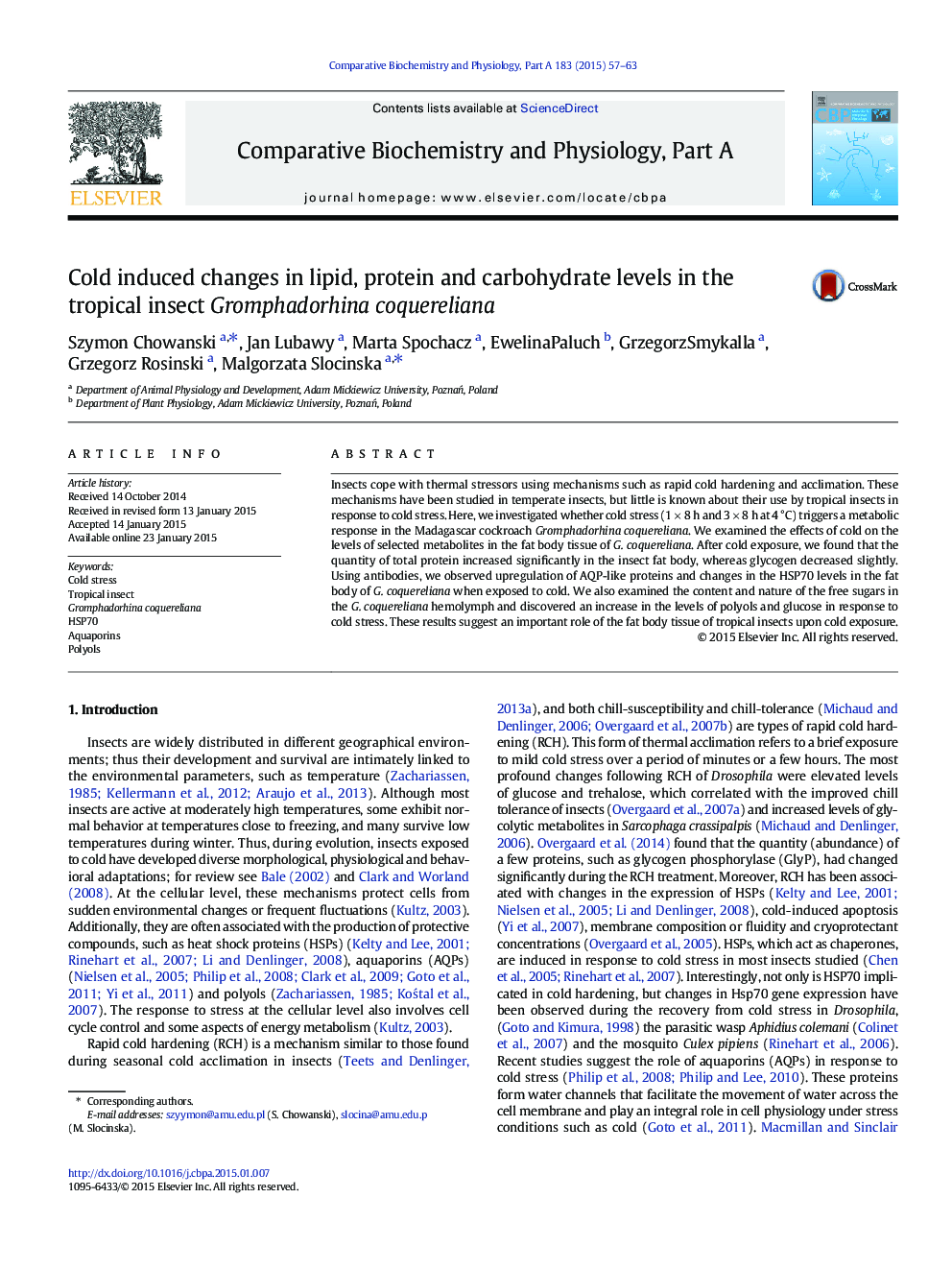 Cold induced changes in lipid, protein and carbohydrate levels in the tropical insect Gromphadorhina coquereliana