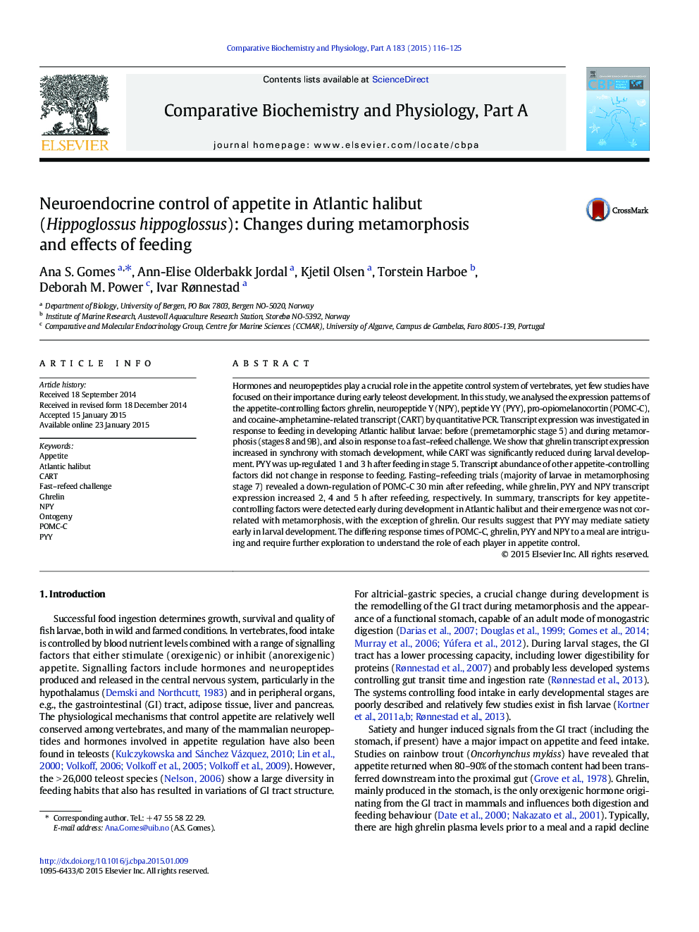 Neuroendocrine control of appetite in Atlantic halibut (Hippoglossus hippoglossus): Changes during metamorphosis and effects of feeding