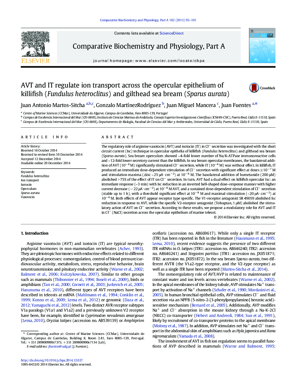 AVT and IT regulate ion transport across the opercular epithelium of killifish (Fundulus heteroclitus) and gilthead sea bream (Sparus aurata)