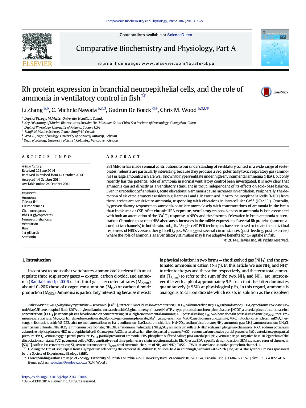 Rh protein expression in branchial neuroepithelial cells, and the role of ammonia in ventilatory control in fish 