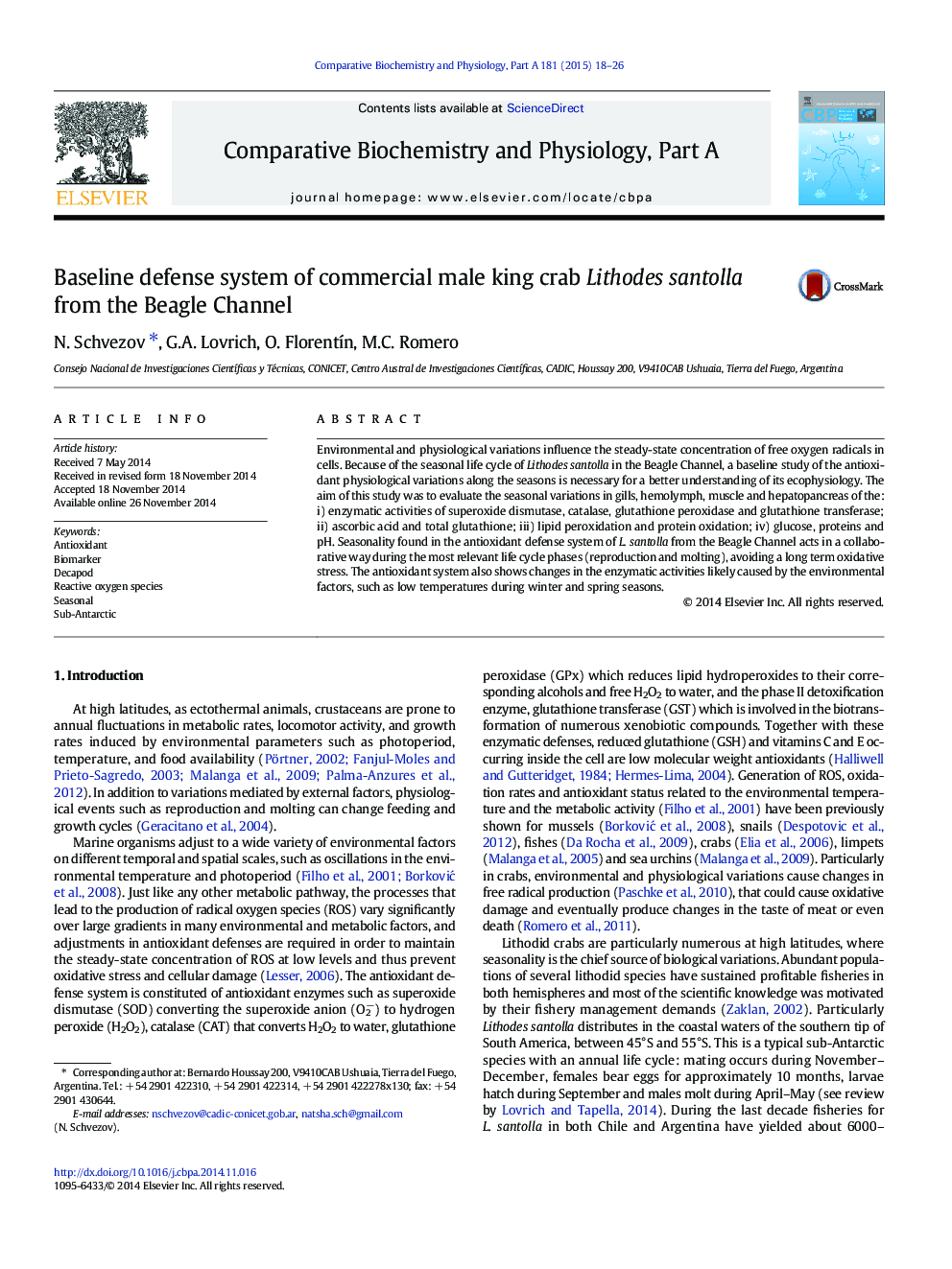 Baseline defense system of commercial male king crab Lithodes santolla from the Beagle Channel