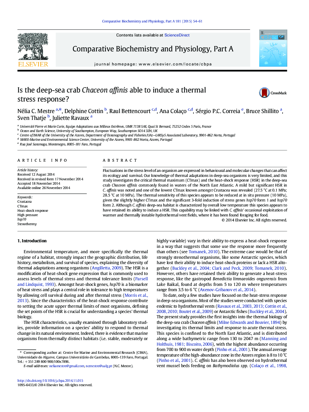 Is the deep-sea crab Chaceon affinis able to induce a thermal stress response?