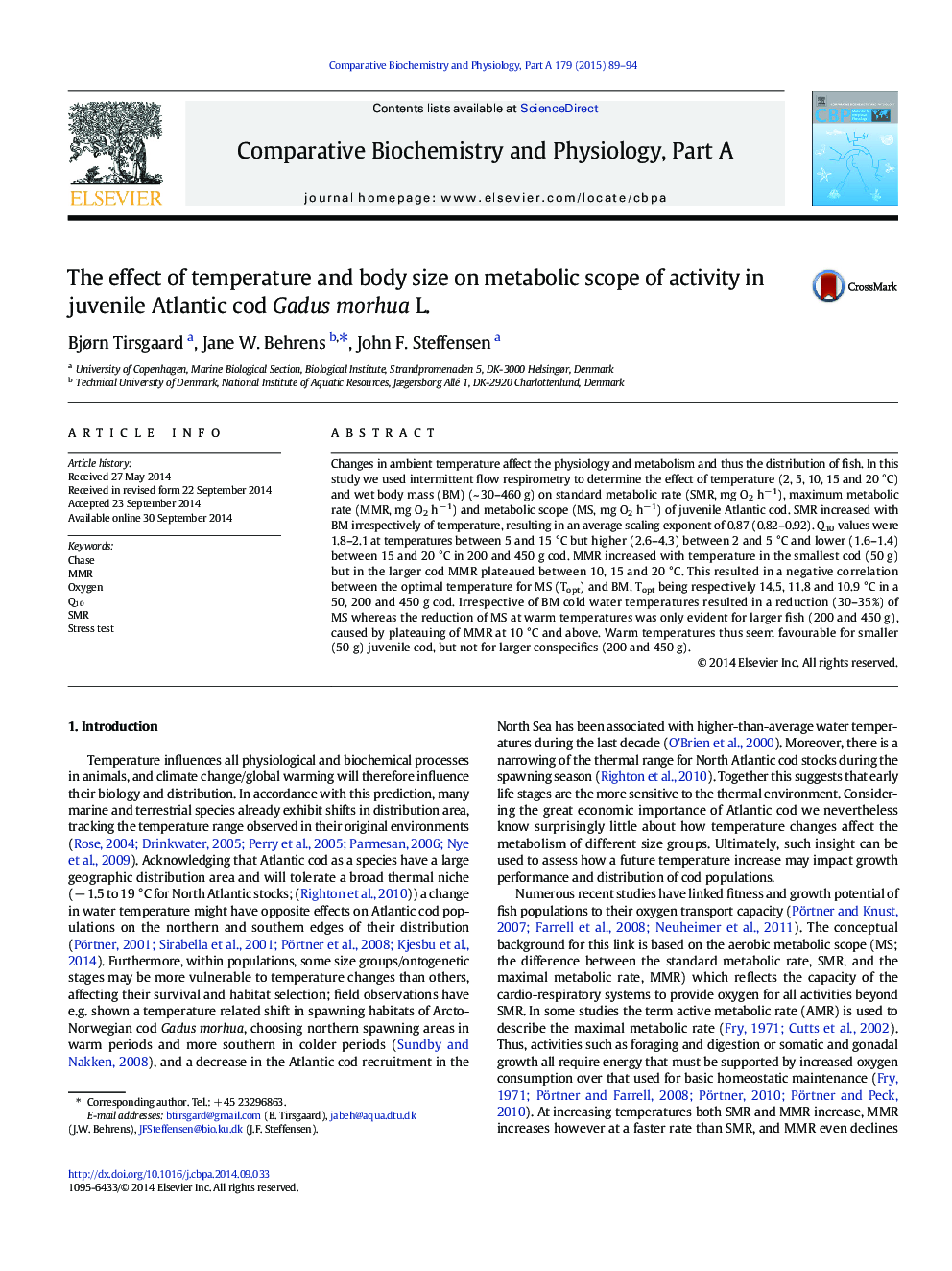 The effect of temperature and body size on metabolic scope of activity in juvenile Atlantic cod Gadus morhua L.