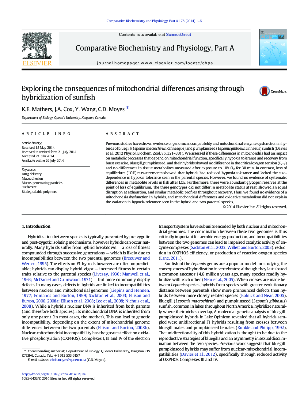 Exploring the consequences of mitochondrial differences arising through hybridization of sunfish