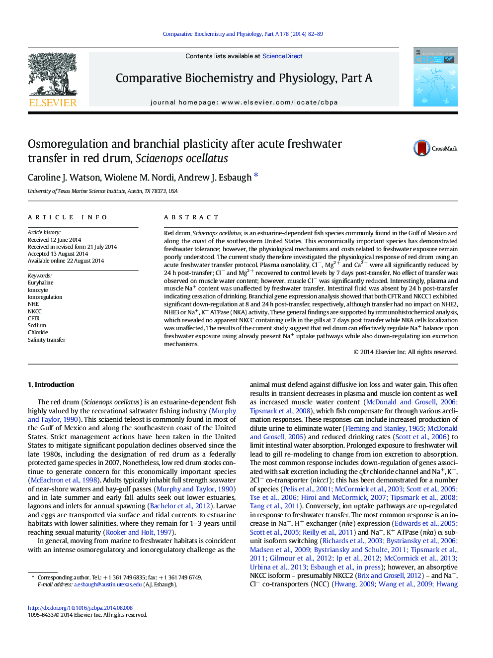 Osmoregulation and branchial plasticity after acute freshwater transfer in red drum, Sciaenops ocellatus