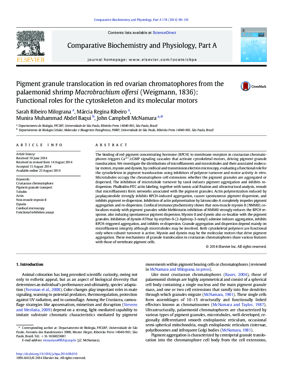 Pigment granule translocation in red ovarian chromatophores from the palaemonid shrimp Macrobrachium olfersi (Weigmann, 1836): Functional roles for the cytoskeleton and its molecular motors