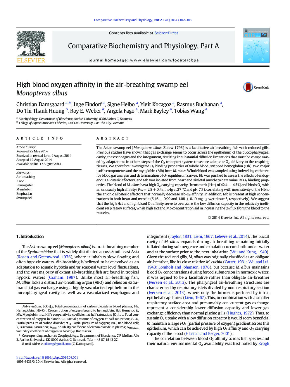 High blood oxygen affinity in the air-breathing swamp eel Monopterus albus