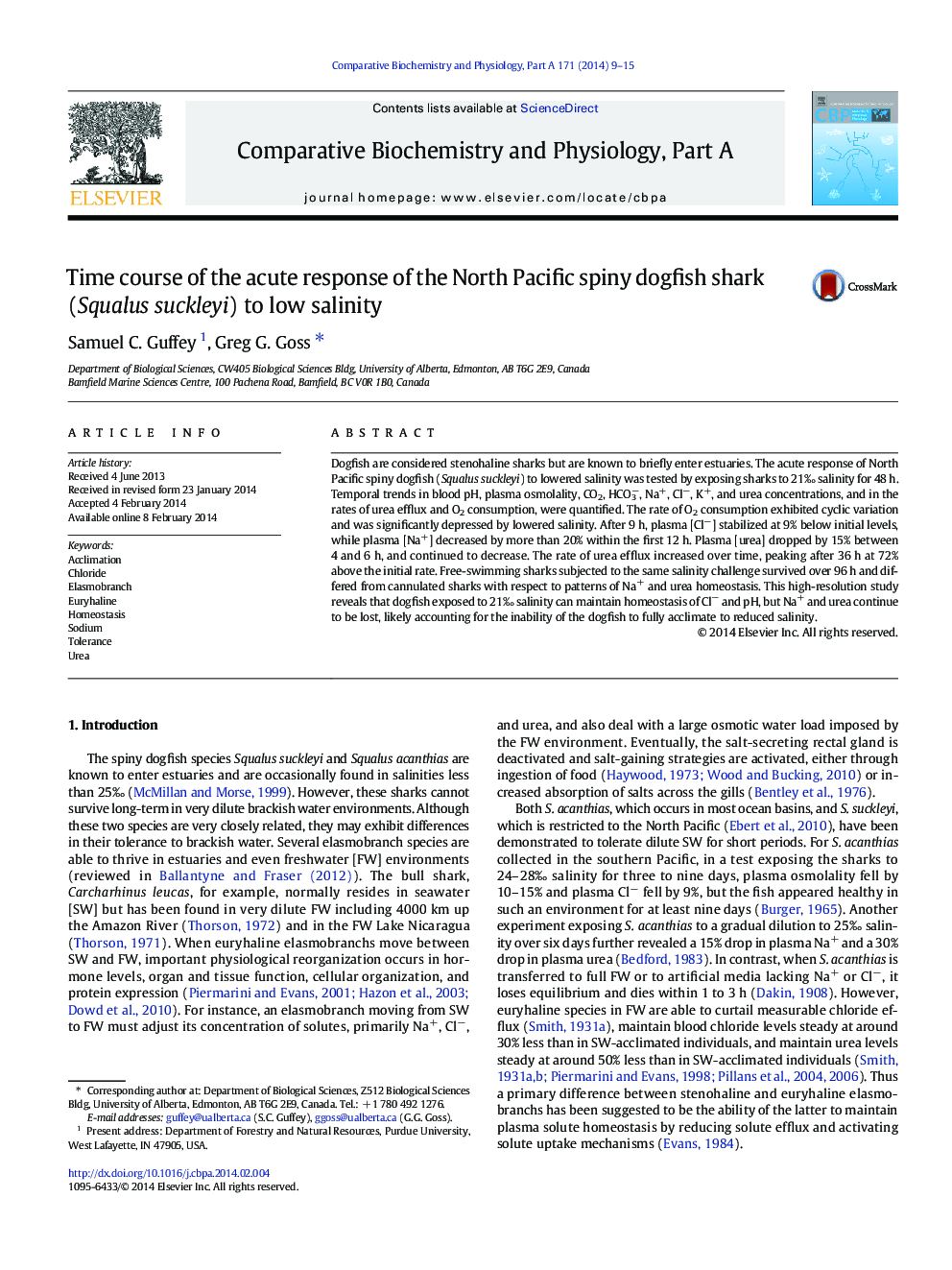 Time course of the acute response of the North Pacific spiny dogfish shark (Squalus suckleyi) to low salinity