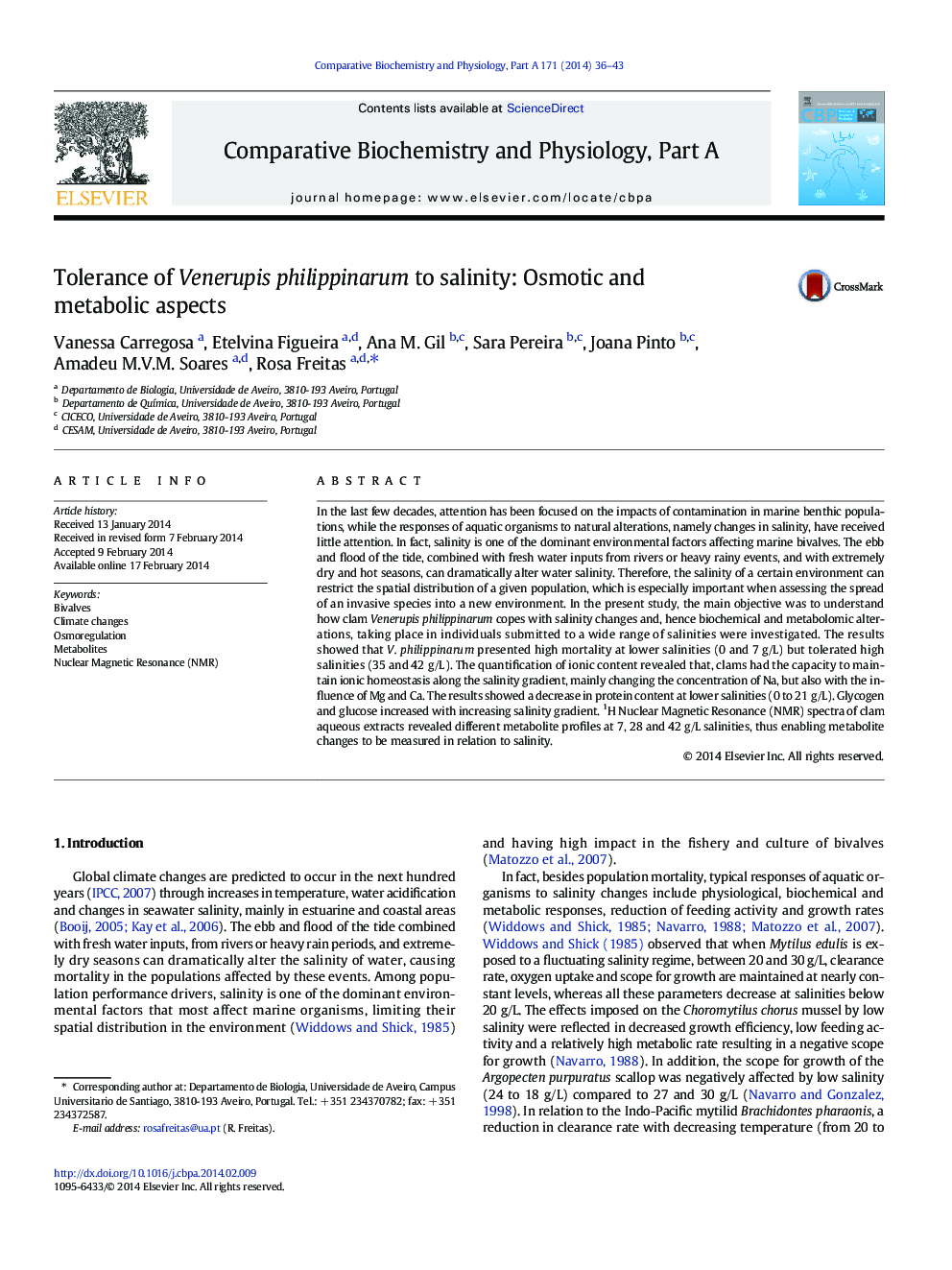 Tolerance of Venerupis philippinarum to salinity: Osmotic and metabolic aspects