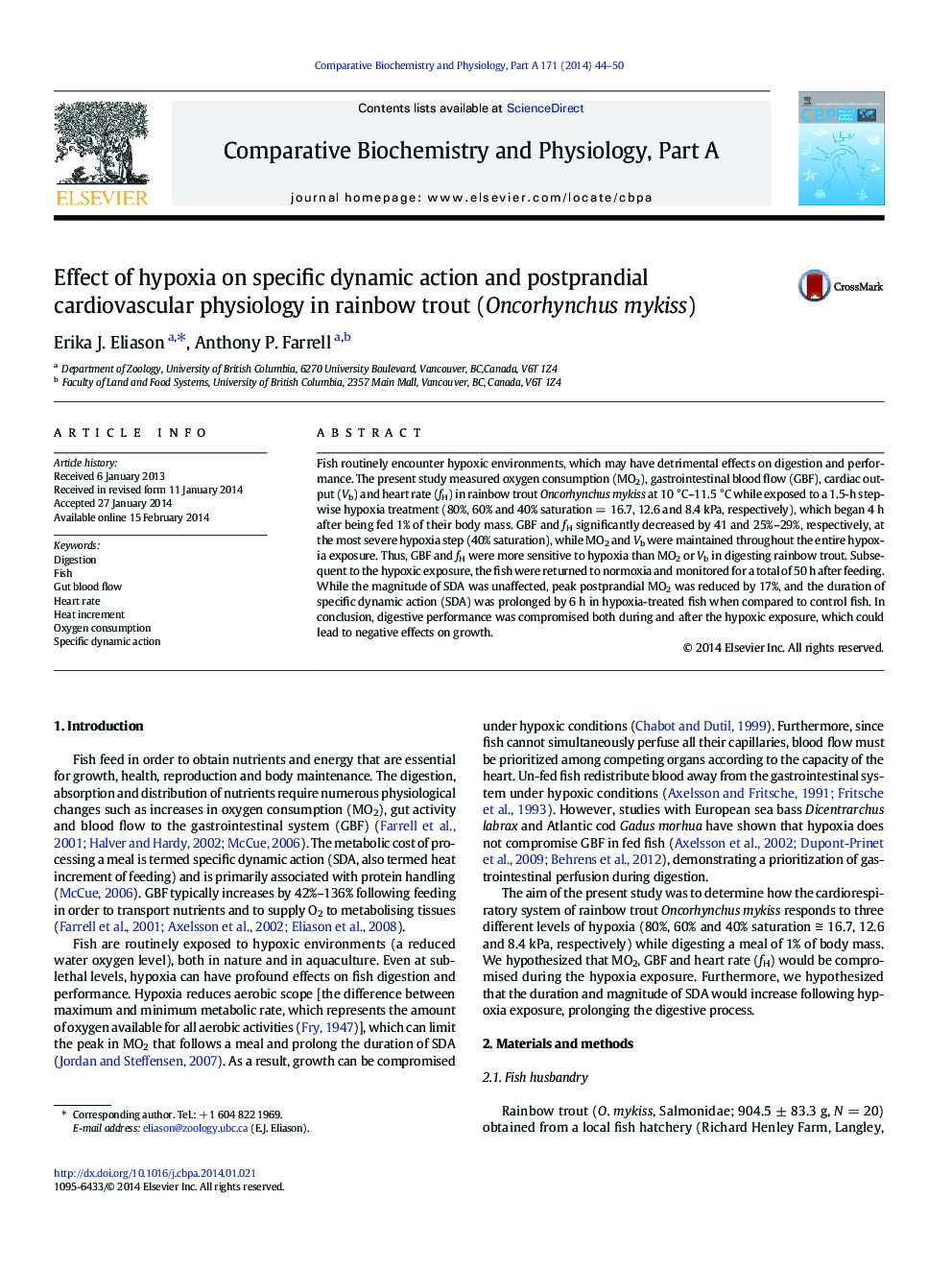 Effect of hypoxia on specific dynamic action and postprandial cardiovascular physiology in rainbow trout (Oncorhynchus mykiss)