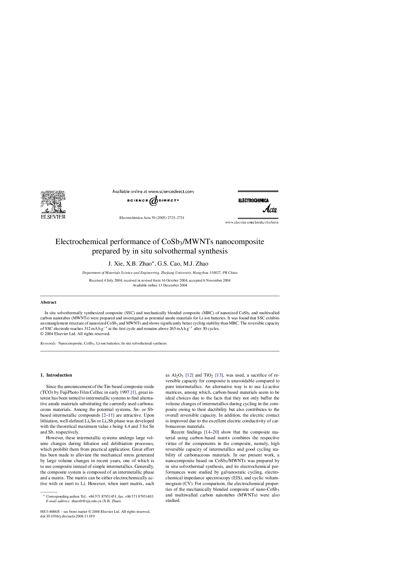 Electrochemical performance of CoSb3/MWNTs nanocomposite prepared by in situ solvothermal synthesis