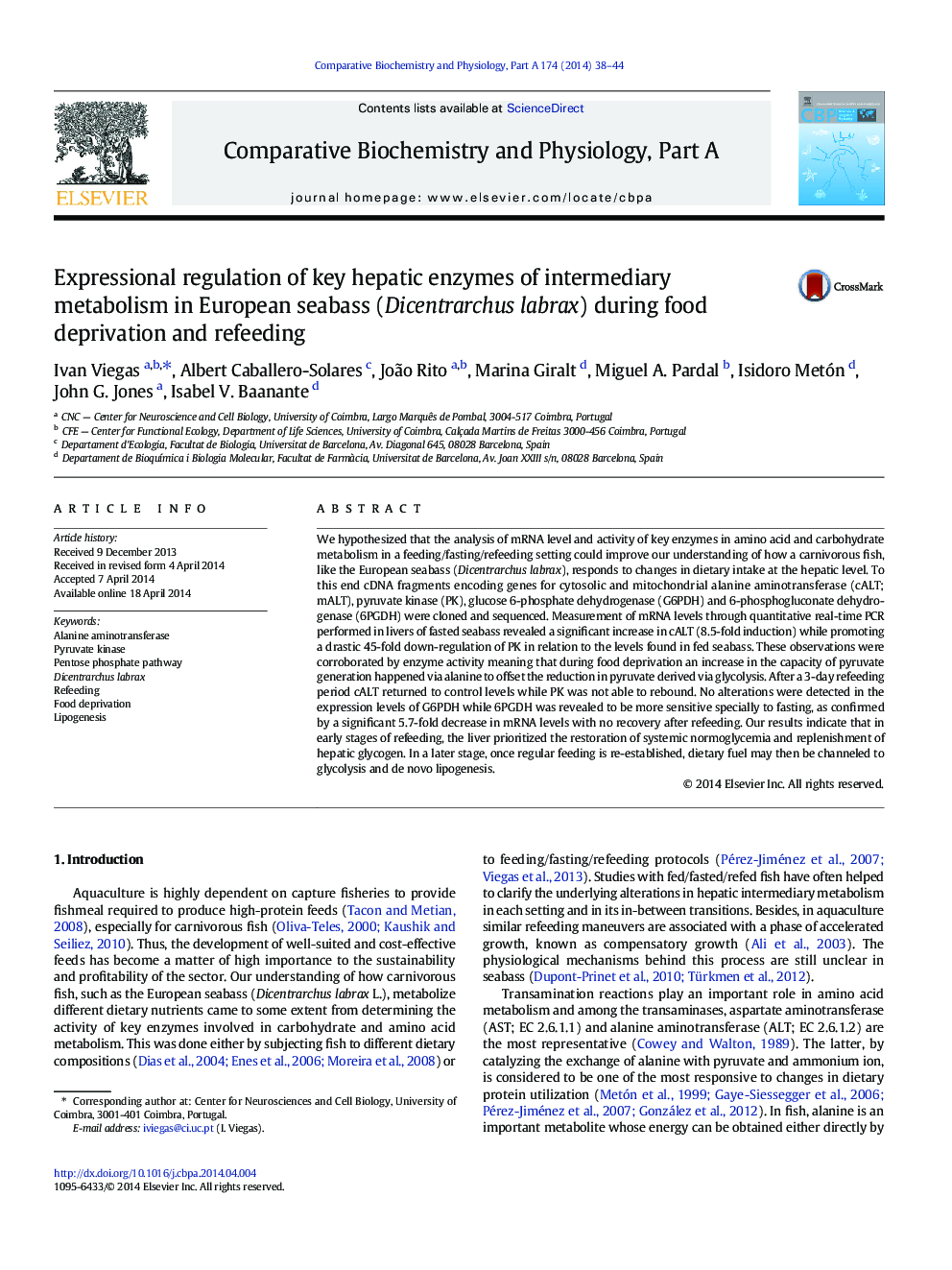 Expressional regulation of key hepatic enzymes of intermediary metabolism in European seabass (Dicentrarchus labrax) during food deprivation and refeeding