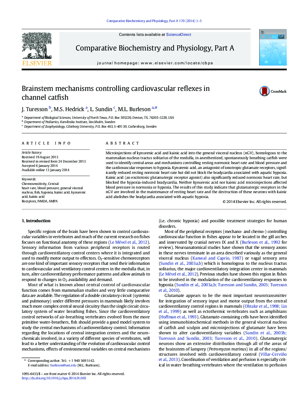 Brainstem mechanisms controlling cardiovascular reflexes in channel catfish