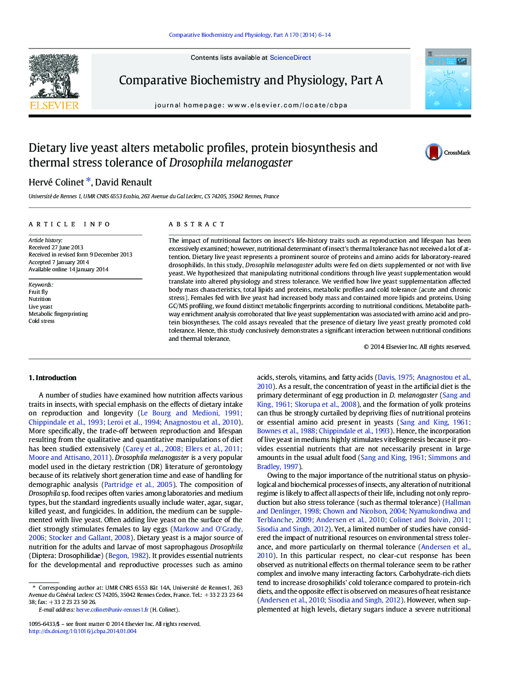 Dietary live yeast alters metabolic profiles, protein biosynthesis and thermal stress tolerance of Drosophila melanogaster