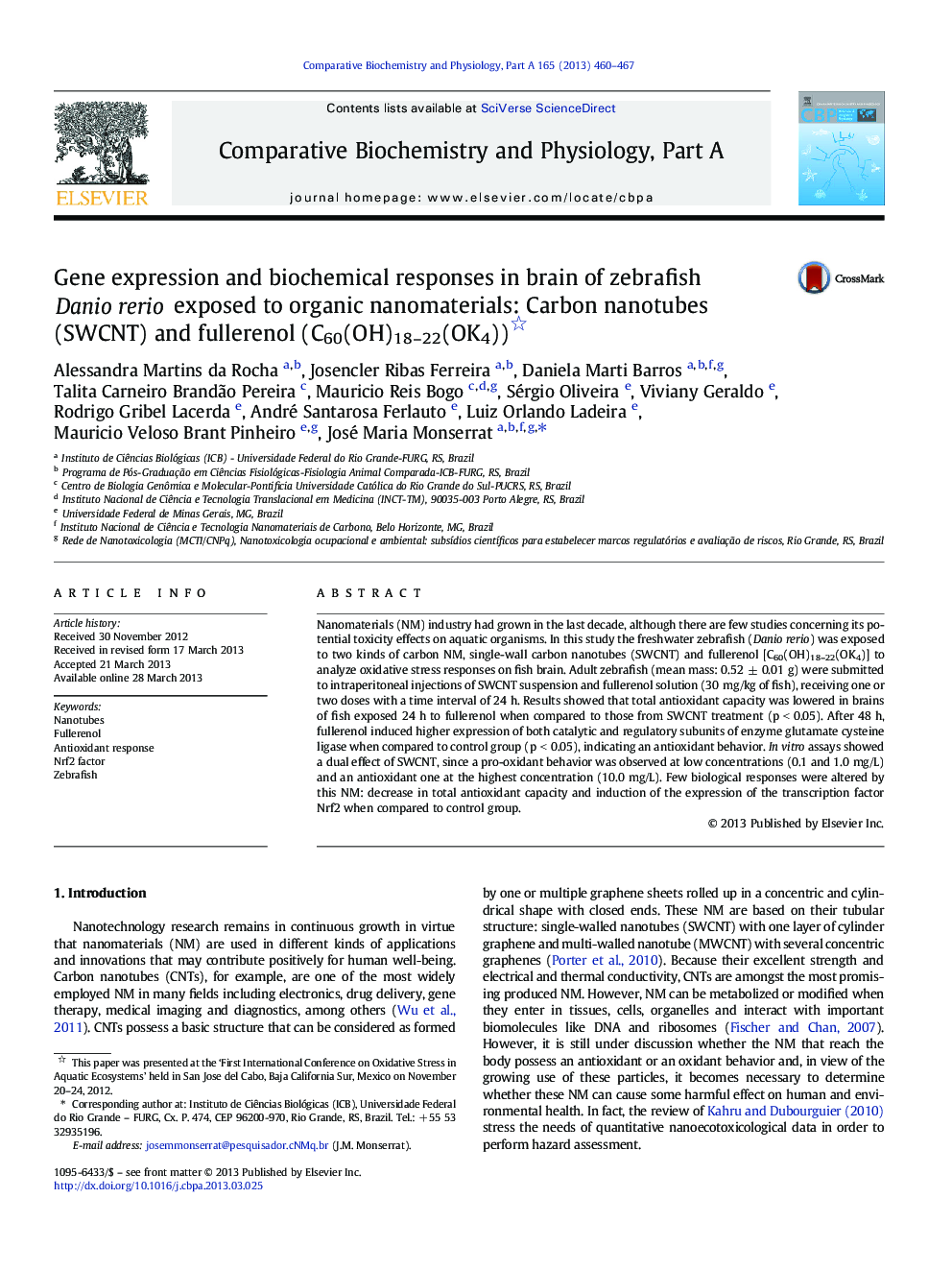 Gene expression and biochemical responses in brain of zebrafish Danio rerio exposed to organic nanomaterials: Carbon nanotubes (SWCNT) and fullerenol (C60(OH)18–22(OK4)) 