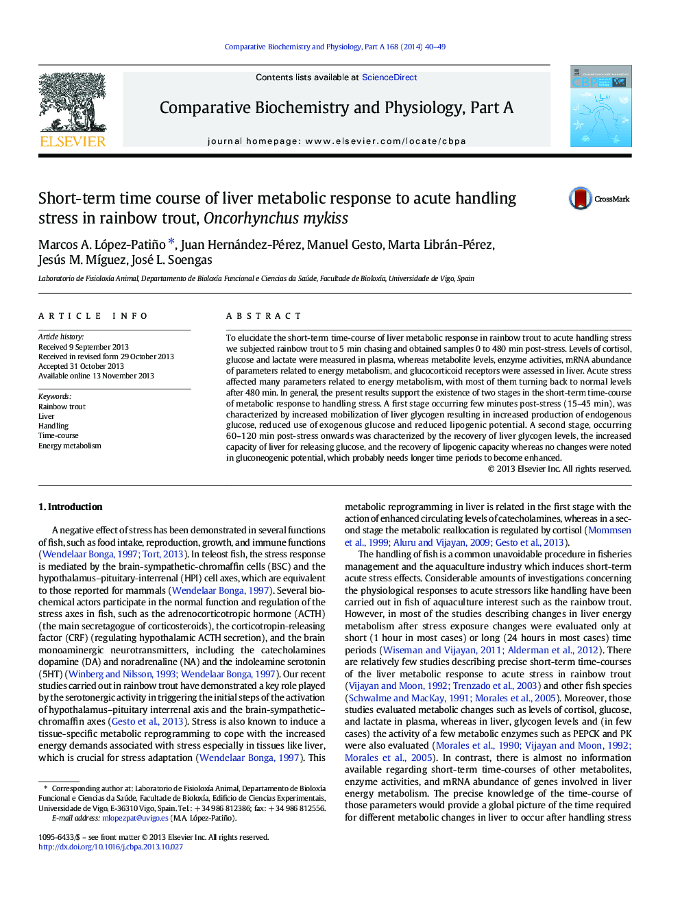 Short-term time course of liver metabolic response to acute handling stress in rainbow trout, Oncorhynchus mykiss