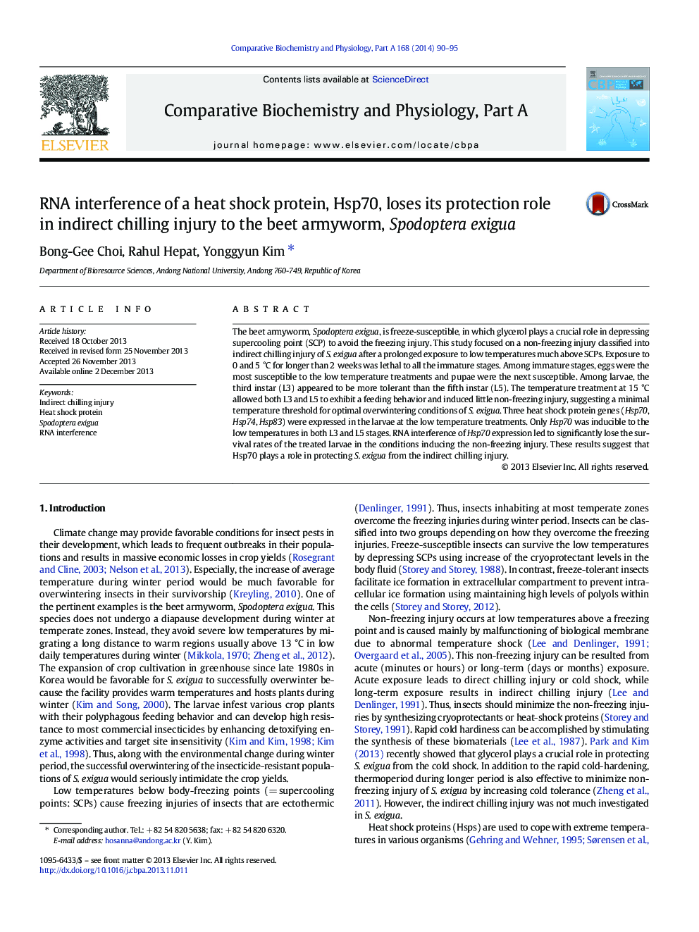 RNA interference of a heat shock protein, Hsp70, loses its protection role in indirect chilling injury to the beet armyworm, Spodoptera exigua