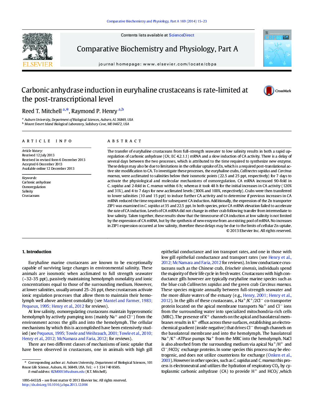 Carbonic anhydrase induction in euryhaline crustaceans is rate-limited at the post-transcriptional level