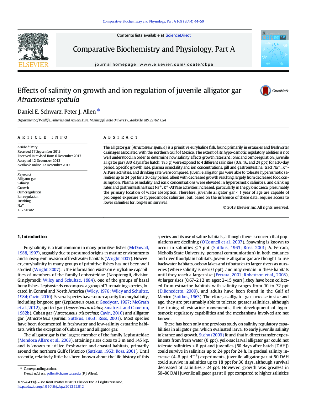 Effects of salinity on growth and ion regulation of juvenile alligator gar Atractosteus spatula