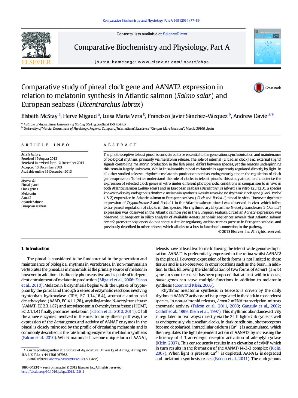 Comparative study of pineal clock gene and AANAT2 expression in relation to melatonin synthesis in Atlantic salmon (Salmo salar) and European seabass (Dicentrarchus labrax)