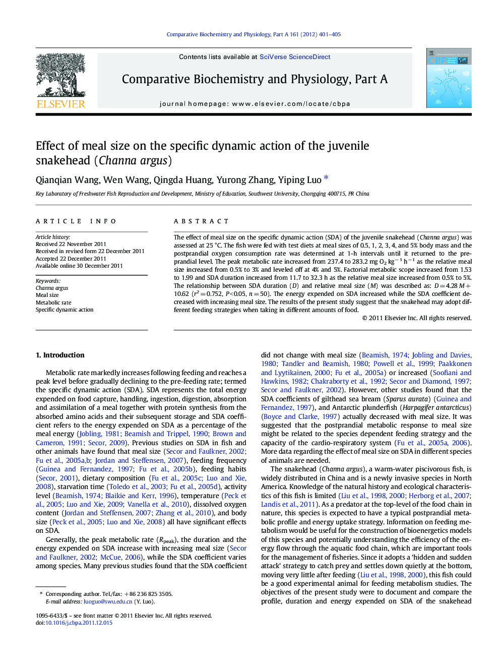 Effect of meal size on the specific dynamic action of the juvenile snakehead (Channa argus)