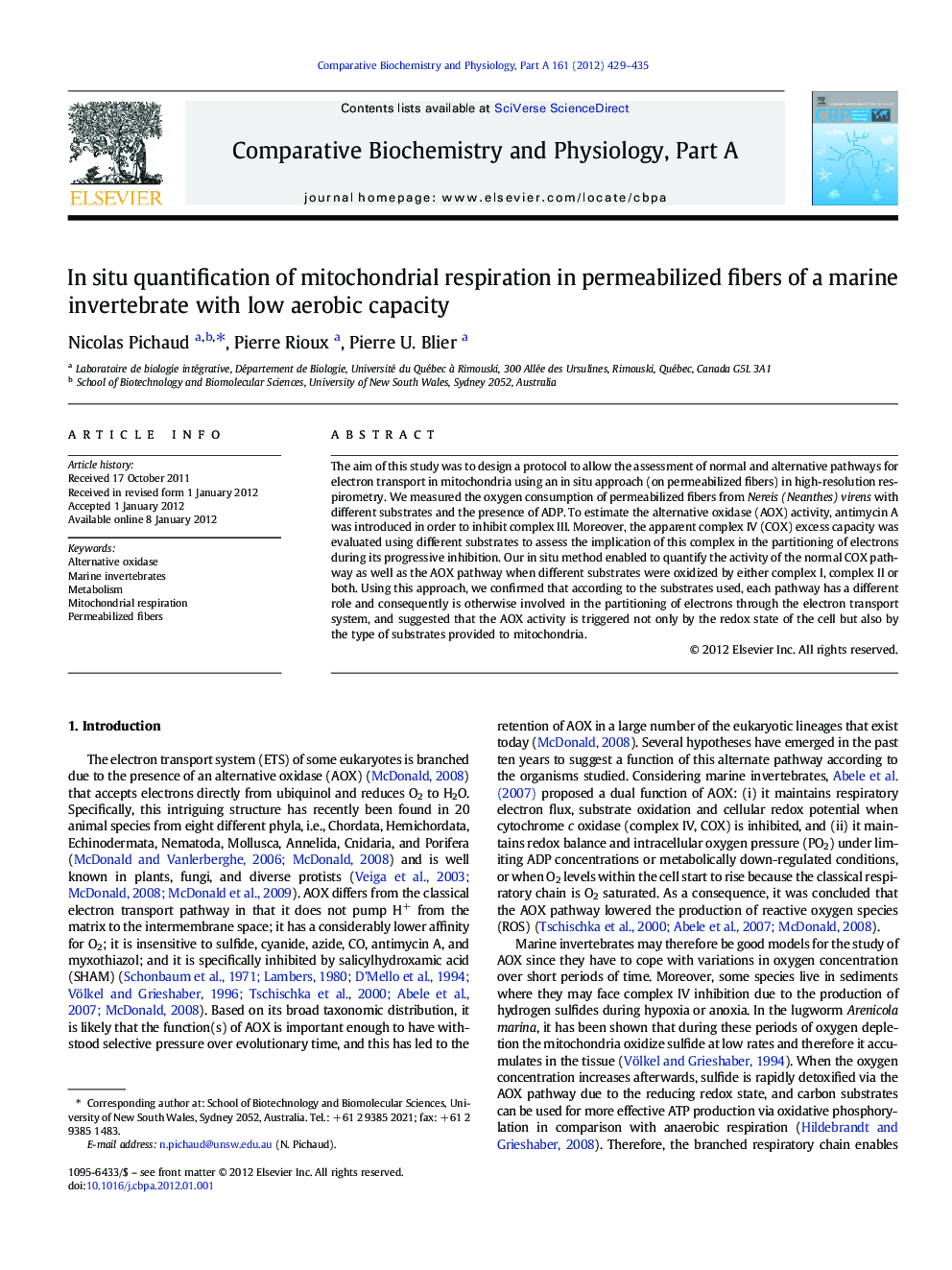 In situ quantification of mitochondrial respiration in permeabilized fibers of a marine invertebrate with low aerobic capacity