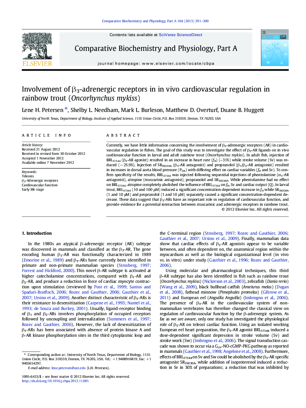 Involvement of β3-adrenergic receptors in in vivo cardiovascular regulation in rainbow trout (Oncorhynchus mykiss)