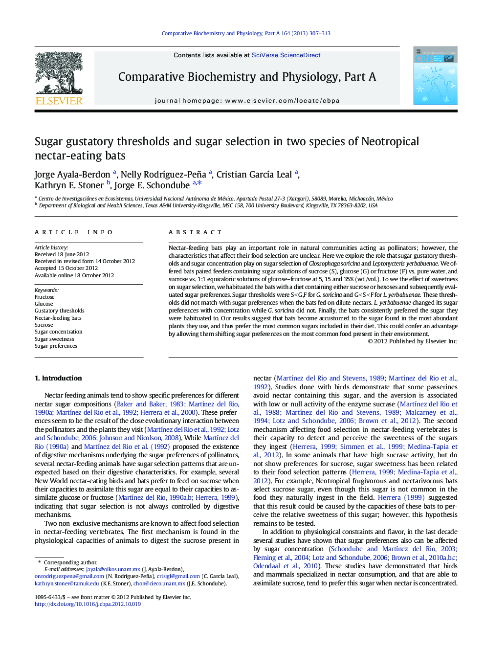 Sugar gustatory thresholds and sugar selection in two species of Neotropical nectar-eating bats