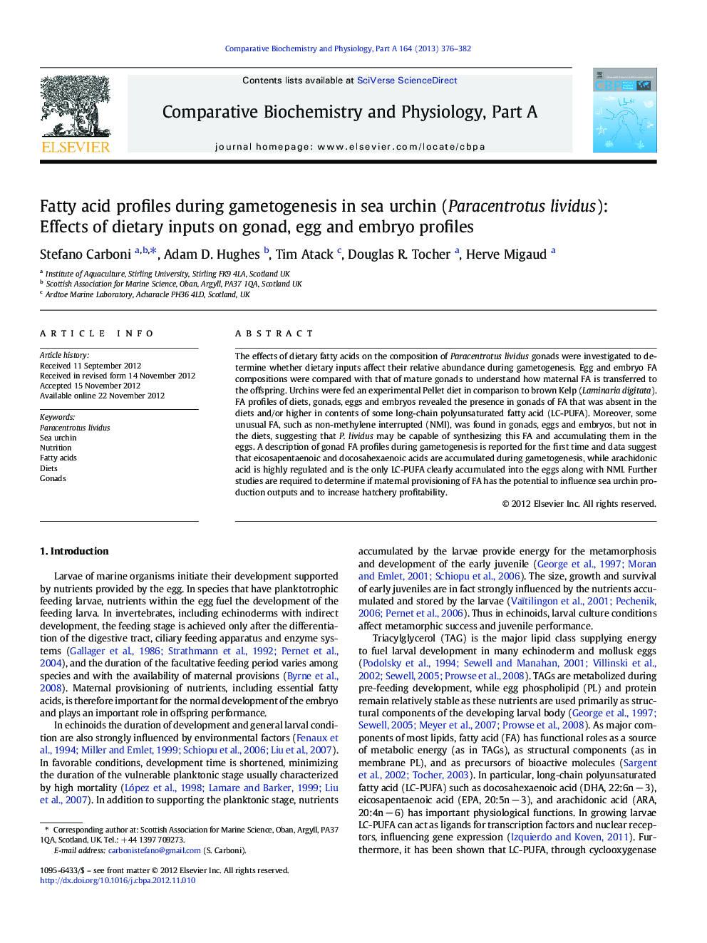 Fatty acid profiles during gametogenesis in sea urchin (Paracentrotus lividus): Effects of dietary inputs on gonad, egg and embryo profiles