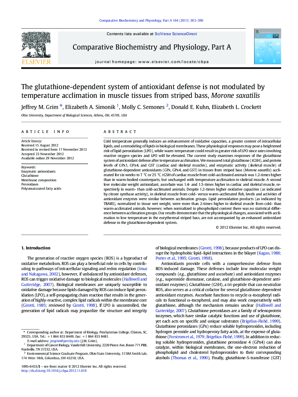 The glutathione-dependent system of antioxidant defense is not modulated by temperature acclimation in muscle tissues from striped bass, Morone saxatilis