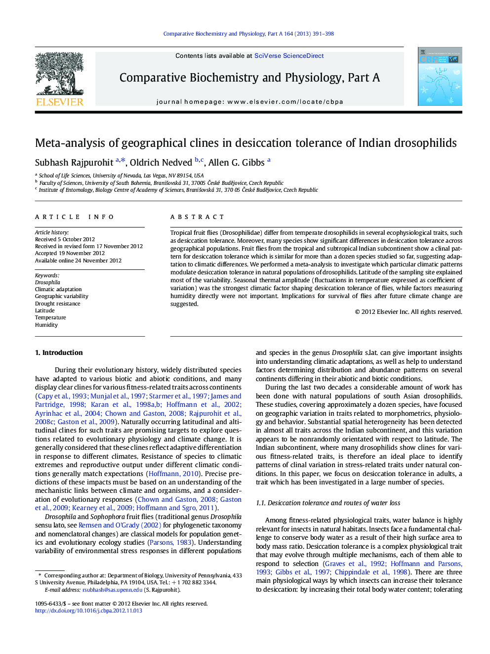 Meta-analysis of geographical clines in desiccation tolerance of Indian drosophilids