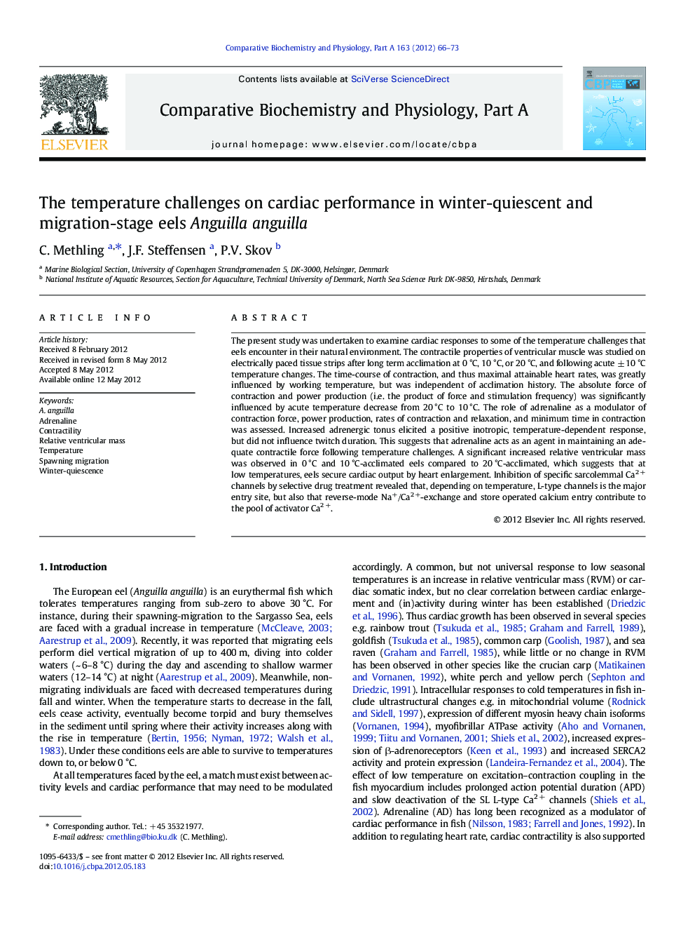 The temperature challenges on cardiac performance in winter-quiescent and migration-stage eels Anguilla anguilla