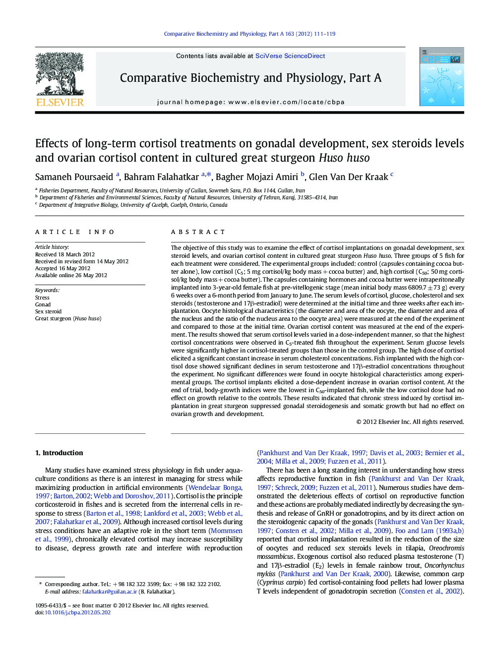 Effects of long-term cortisol treatments on gonadal development, sex steroids levels and ovarian cortisol content in cultured great sturgeon Huso huso