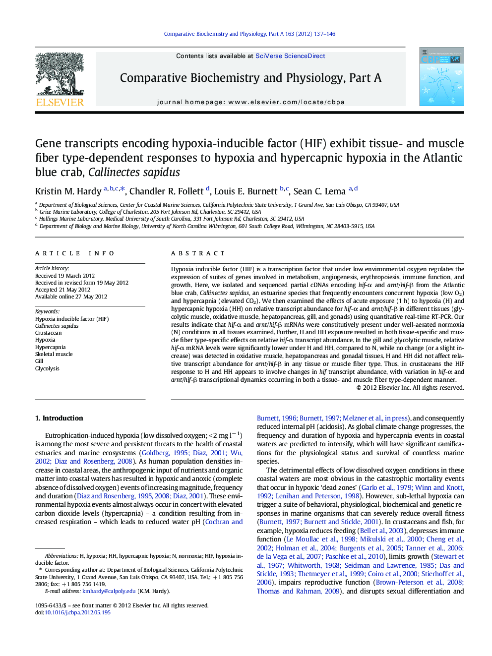 Gene transcripts encoding hypoxia-inducible factor (HIF) exhibit tissue- and muscle fiber type-dependent responses to hypoxia and hypercapnic hypoxia in the Atlantic blue crab, Callinectes sapidus