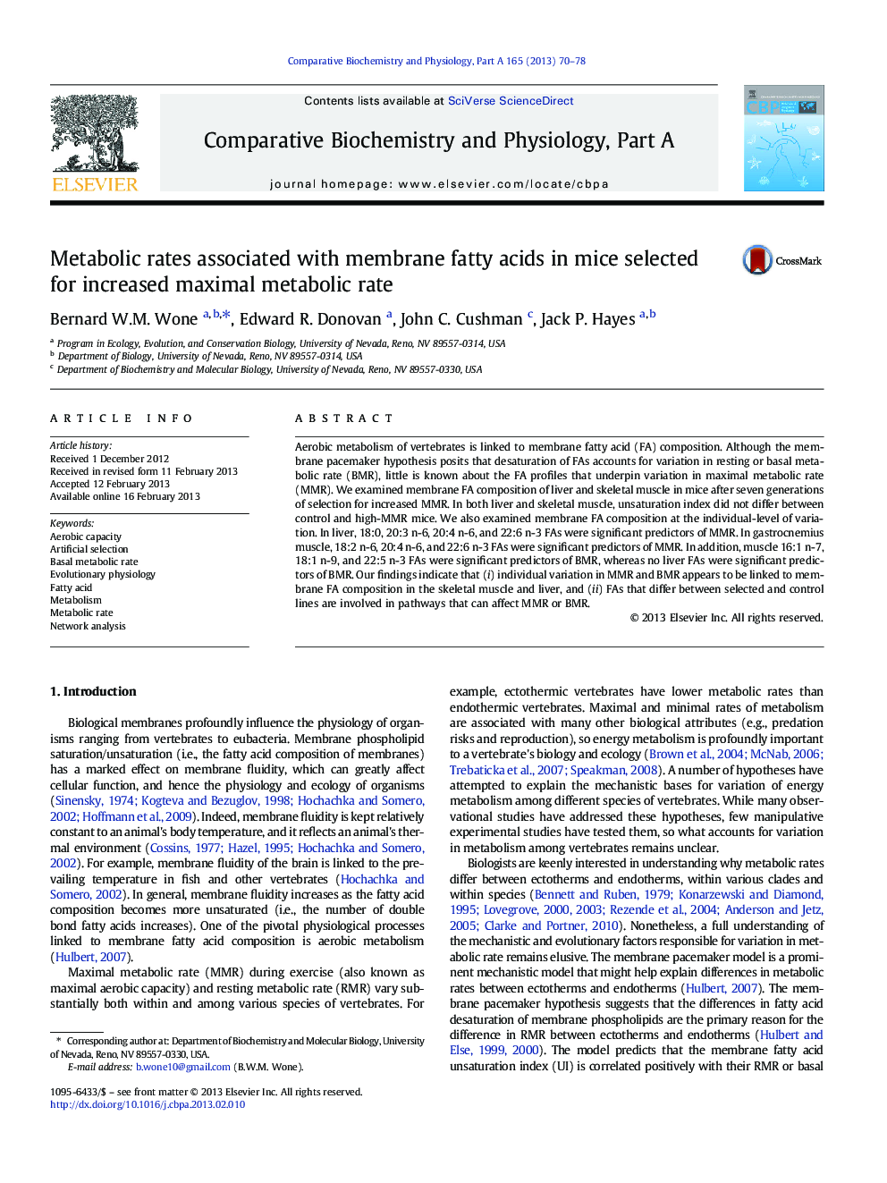 Metabolic rates associated with membrane fatty acids in mice selected for increased maximal metabolic rate