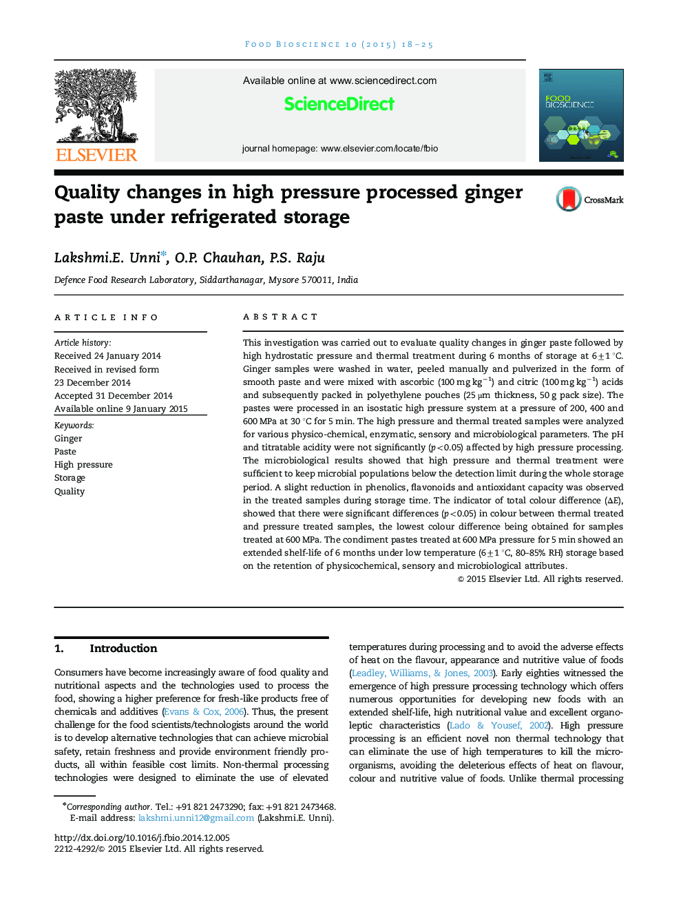 Quality changes in high pressure processed ginger paste under refrigerated storage