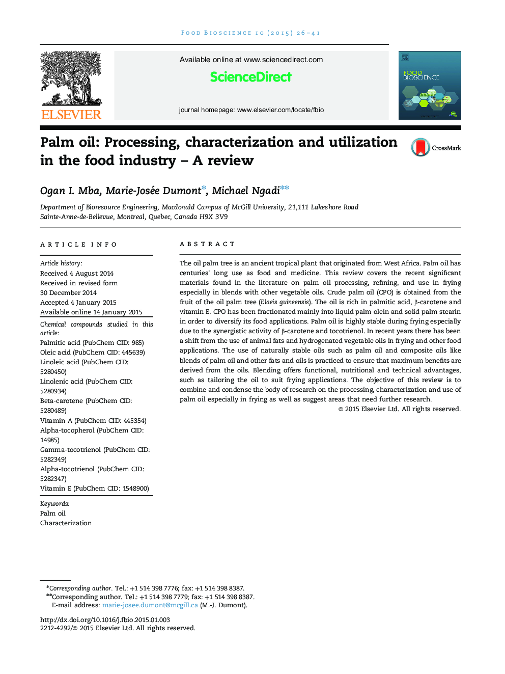 Palm oil: Processing, characterization and utilization in the food industry – A review